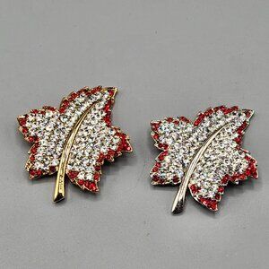 Pave Crystal Maple Leaf Brooch Pair Made with Swarovski Gold Silver Tone Canada